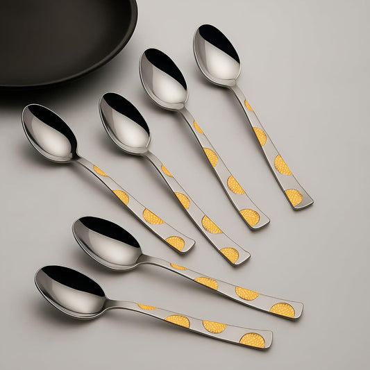 6 Pcs Stainless Steel 24K Gold Spoon Set – 15.5cm, Premium Dinner Spoons for Home & Kitchen, Luxury Tableware, Housewarming Gift, Moonpress Design