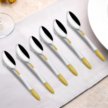 6 Pieces Stainless Steel 24k Golden Spoons Set, 18 cm Long, Premium Spoons for Home & Kitchen, Luxury Dining Tableware Gift for House Warming,24 Karat Gold Plated Big Spoons, Ivory Design