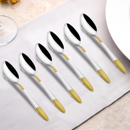 6 Pieces Stainless Steel 24k Golden Spoons Set, 18 cm Long, Premium Spoons for Home & Kitchen, Luxury Dining Tableware Gift for House Warming,24 Karat Gold Plated Big Spoons, Ivory Design