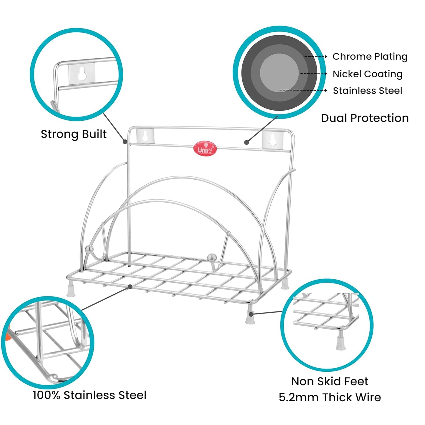 Stainless Steel Round Chakla Belan Tawa Stand for Kitchen | Rolling Pin & Board Holder, Corner Shelf Organizer, Silver