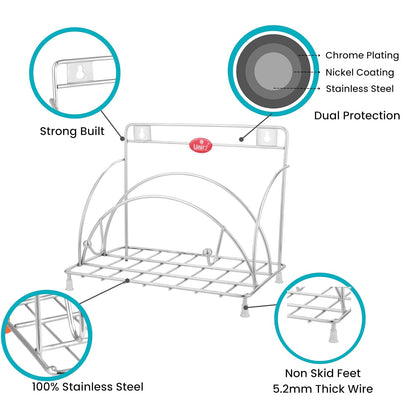 Stainless Steel Round Chakla Belan Tawa Stand for Kitchen | Rolling Pin & Board Holder, Corner Shelf Organizer, Silver