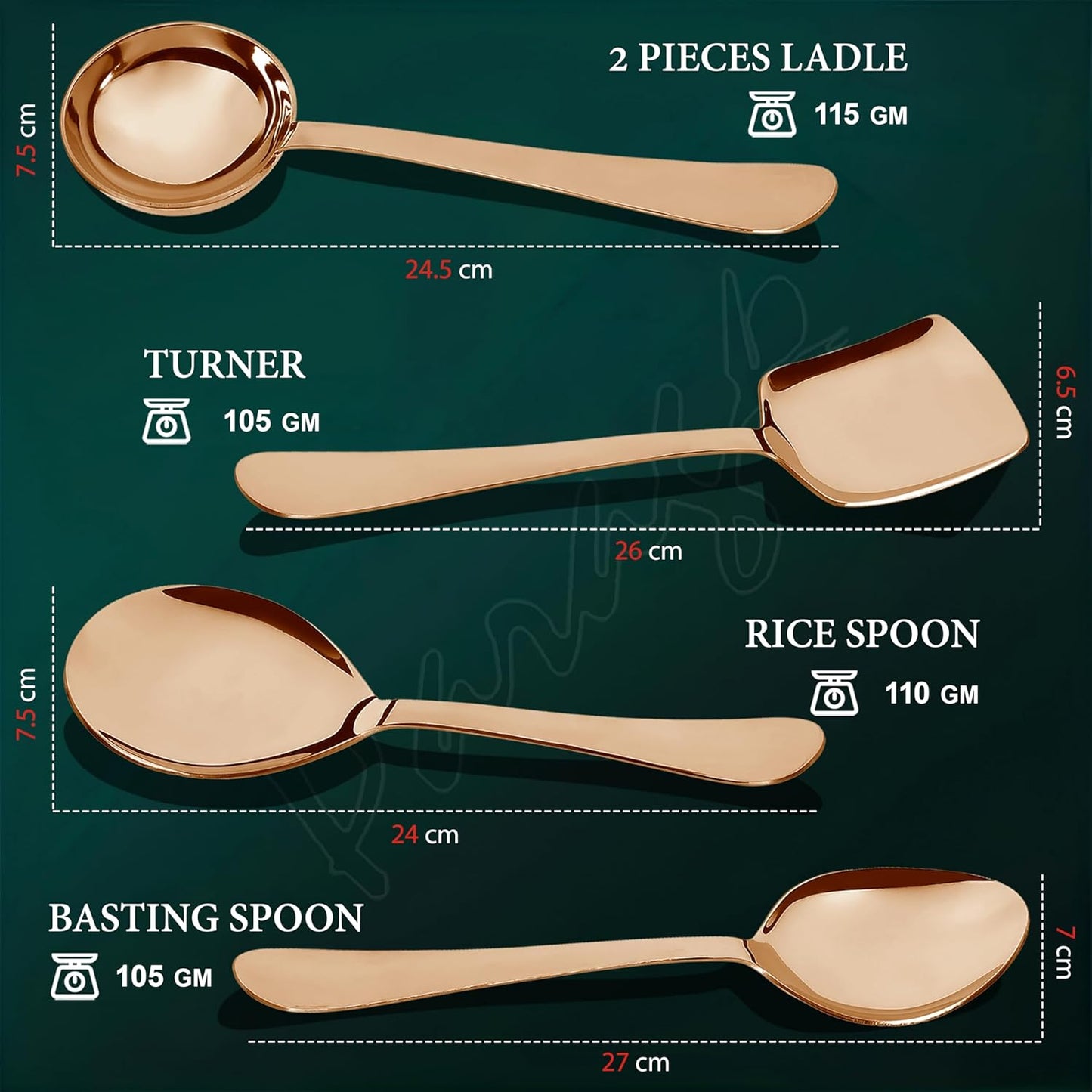 5 Pcs Stainless Steel Serving Spoon Set for Kitchen & Dining – 1.8mm Heavy Gauge, Soup Ladle, Solid & Rice Spoons, Steel Rose (Pack of 5)