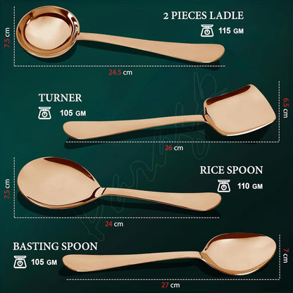 5 Pcs Stainless Steel Serving Spoon Set for Kitchen & Dining – 1.8mm Heavy Gauge, Soup Ladle, Solid & Rice Spoons, Steel Rose (Pack of 5)