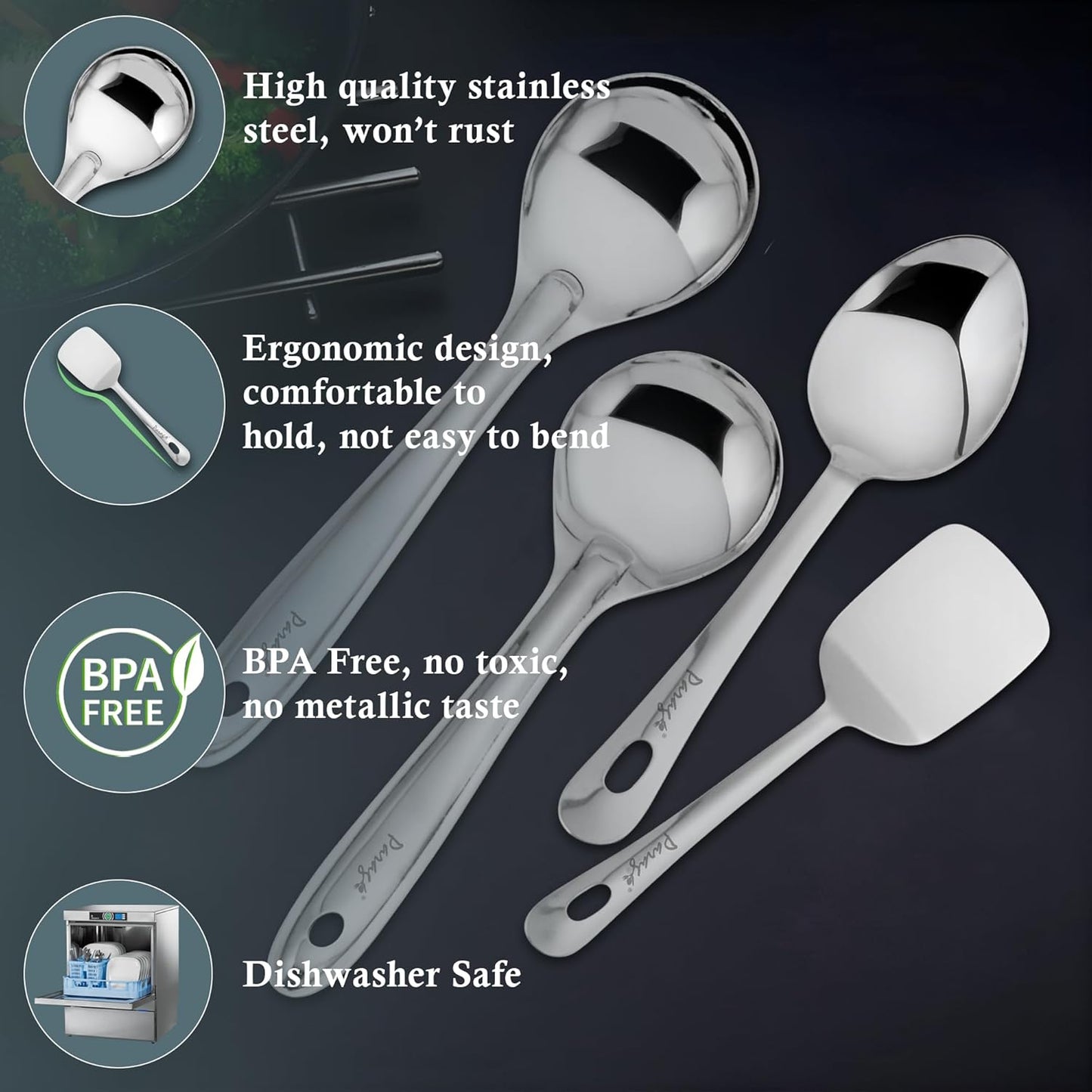 4 Pieces Stainless Steel Kitchen Tools Set for Cooking & Serving – Includes Serving Spoon, Turner, Basting Spoon, Rice Spoon, Silver Finish (26.5 cm, 25 cm x2, 23 cm)