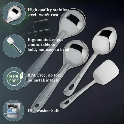4 Pieces Stainless Steel Kitchen Tools Set for Cooking & Serving – Includes Serving Spoon, Turner, Basting Spoon, Rice Spoon, Silver Finish (26.5 cm, 25 cm x2, 23 cm)