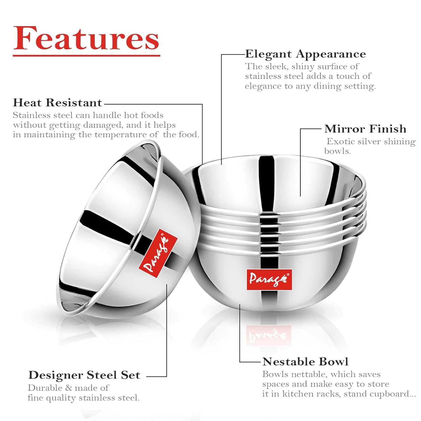 12 Pieces Stainless Steel Big Size Bowls/Katori/Wati – Heavy Gauge, Mirror Finish, 10.2 cm Dia, 220 ml Each, Set of 12, Silver