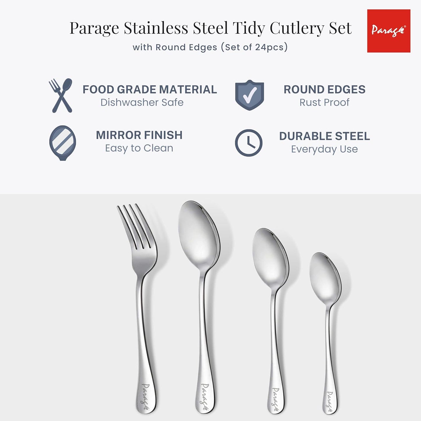 24 Pieces Stainless Steel Cutlery Set for Home & Kitchen – Includes 6 Table Spoons, 6 Forks, 6 Tea Spoons, 6 Dinner Spoons, Luxury Dining Tableware, Silver Finish