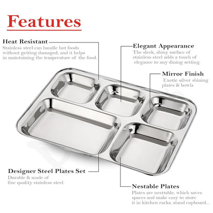 2pc Stainless Steel 5-Compartment Thali | Dinner Plate | Silver