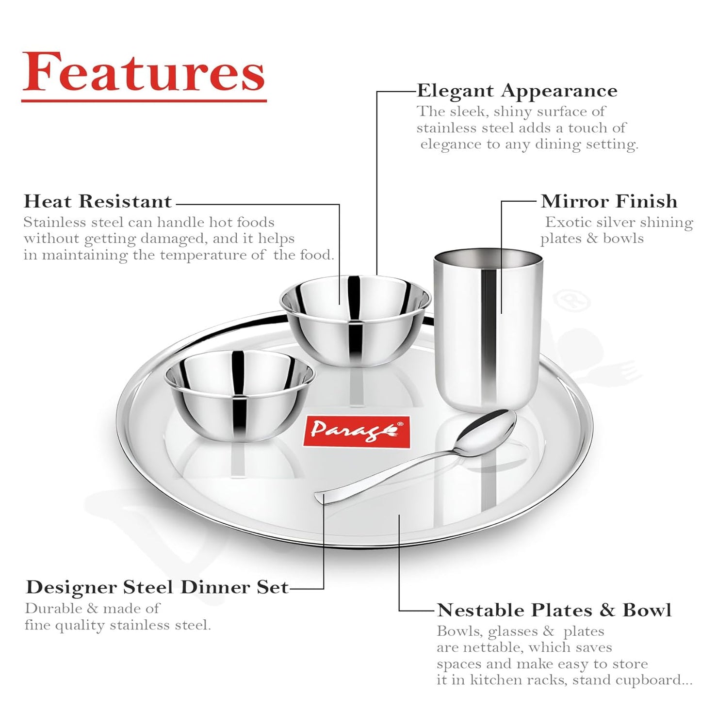 5pc Stainless Steel Dinner Set | Thali Heavy Gauge | Silver