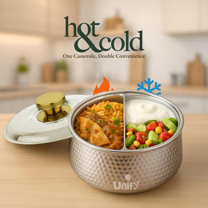 Inox Stainless Steel Insulated Casserole 1600ml | PVD Gold Handle Hot Pot | Hammered Finish, Silver