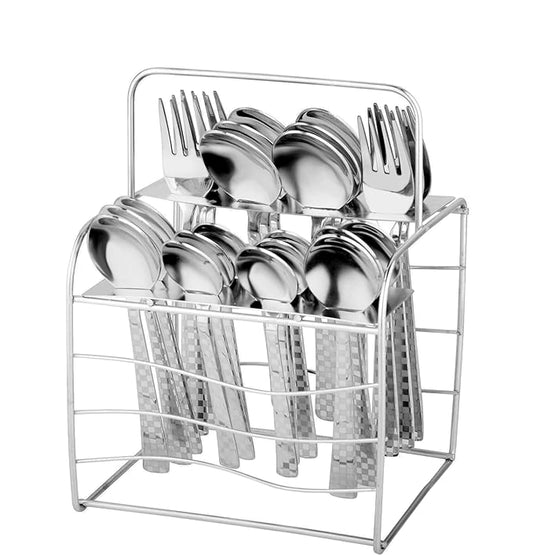 25-Piece Decora Stainless Steel Cutlery Set with Stand | Spoons & Forks for Dining Table, Silver