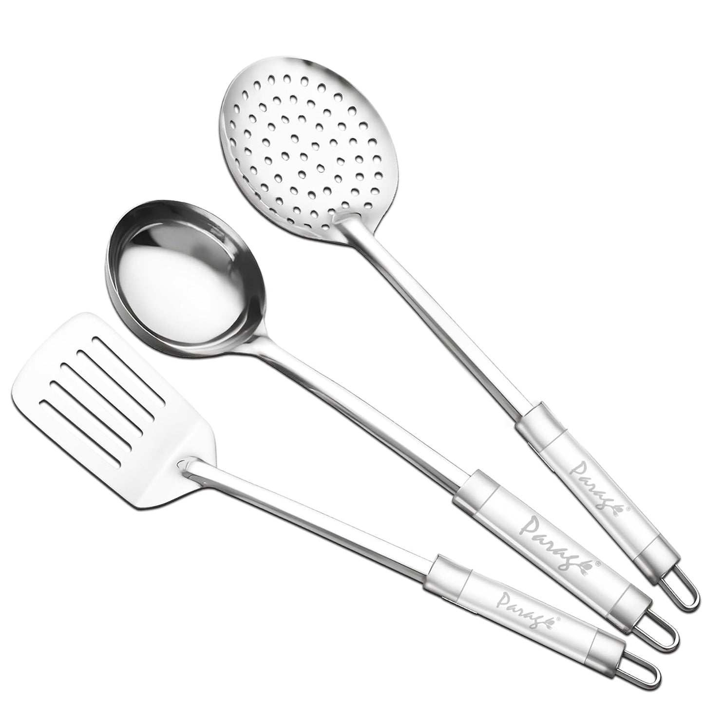3 Pieces Stainless Steel Kitchen Tool Set for Cooking & Serving – Turner, Skimmer & Ladle with Dual Tone Handle (Silver)