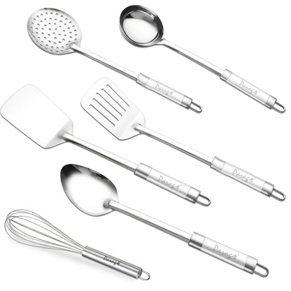 6 Pcs Stainless Steel Kitchen Tools Set for Cooking & Serving – Basting Spoon, Ladle, Slotted Turner, Skimmer, Spatula & Egg Whisk, Silver