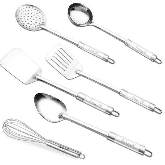 6 Pcs Stainless Steel Kitchen Tools Set for Cooking & Serving – Basting Spoon, Ladle, Slotted Turner, Skimmer, Spatula & Egg Whisk, Silver
