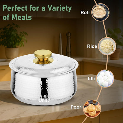 Inox Stainless Steel Insulated Casserole 1600ml | PVD Gold Handle Hot Pot | Hammered Finish, Silver