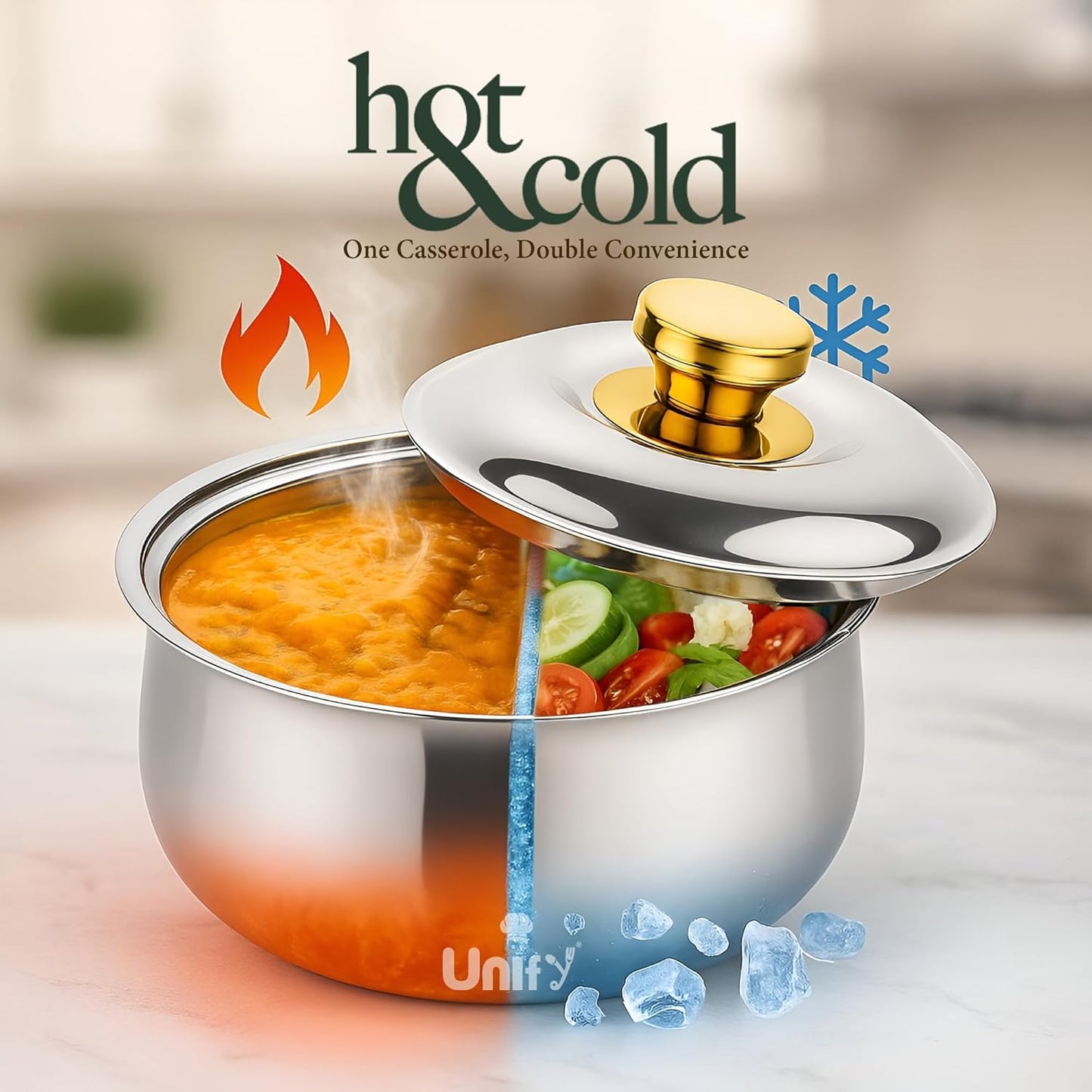 Metra Stainless Steel Insulated Casserole 3000ml | PVD Gold Handle Hot Pot | Keeps Food Hot & Fresh