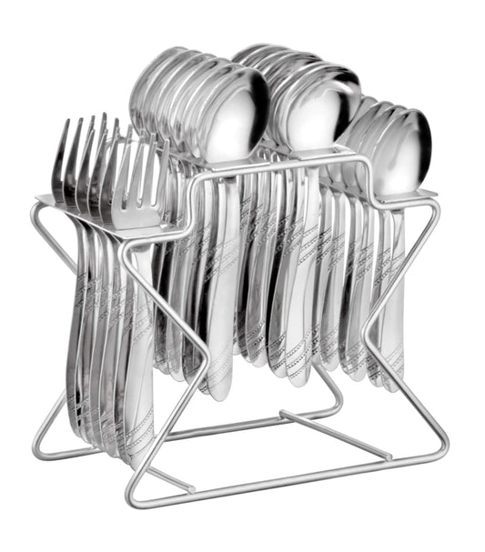 25 Pcs Stainless Steel Cutlery Set with Stand | Mirror Finish Dining Table Set