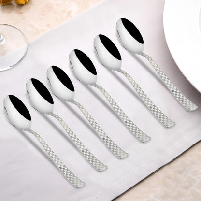 6 Pieces Stainless Steel Premium Dinner Spoon Set, 18.5 cm, Silver, Checks Design