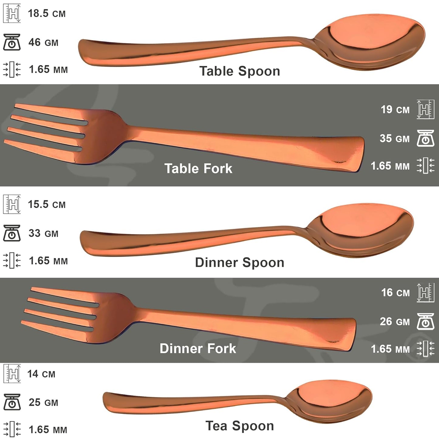 12pc Stainless Steel Rose Gold Cutlery | 19cm Spoons & Forks | Dining