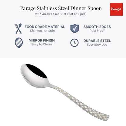 6 Pieces Stainless Steel Premium Dinner Spoon Set, 16 cm, Silver, Checks Design