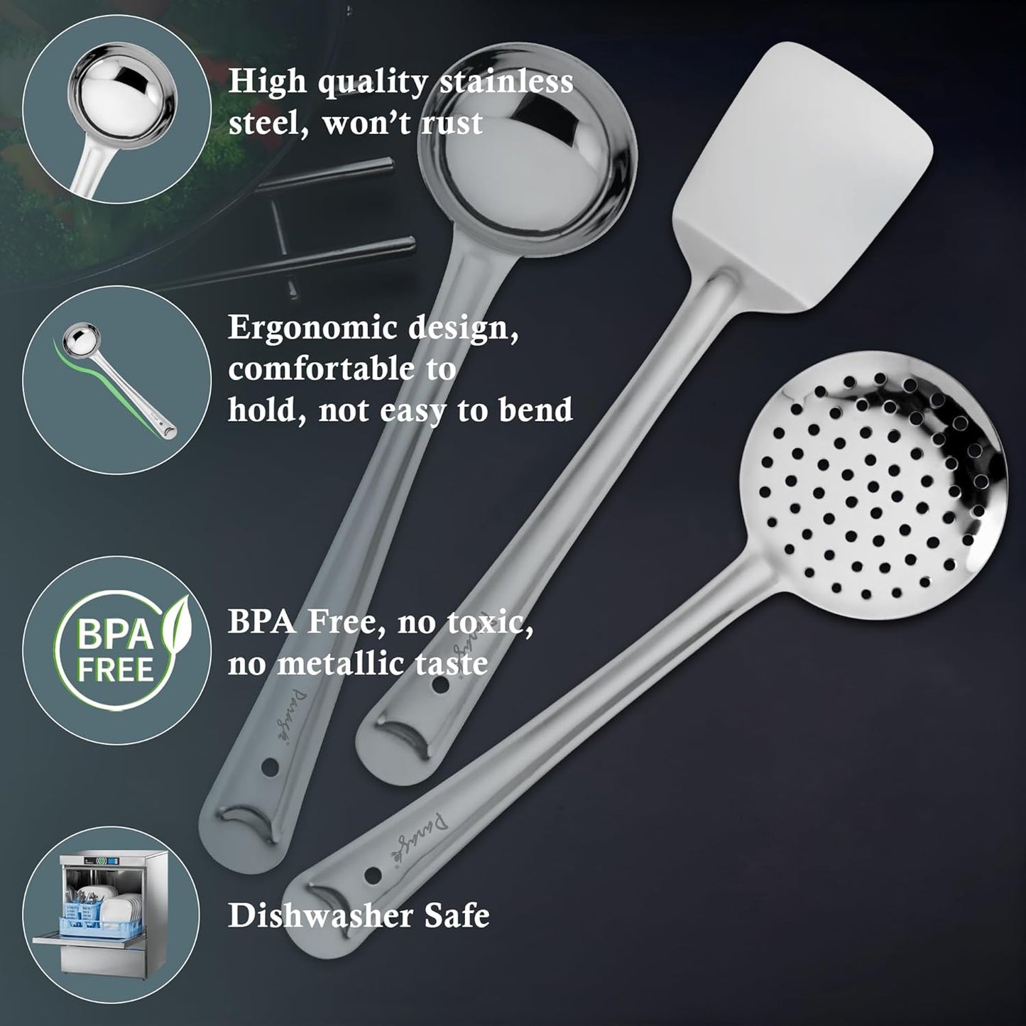 3 Pcs Stainless Steel Kitchen Tools Set for Cooking & Serving – Ladle, Skimmer & Turner, Silver, Sizes 32cm, 33.5cm & 34.5cm