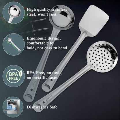 3 Pcs Stainless Steel Kitchen Tools Set for Cooking & Serving – Ladle, Skimmer & Turner, Silver, Sizes 32cm, 33.5cm & 34.5cm