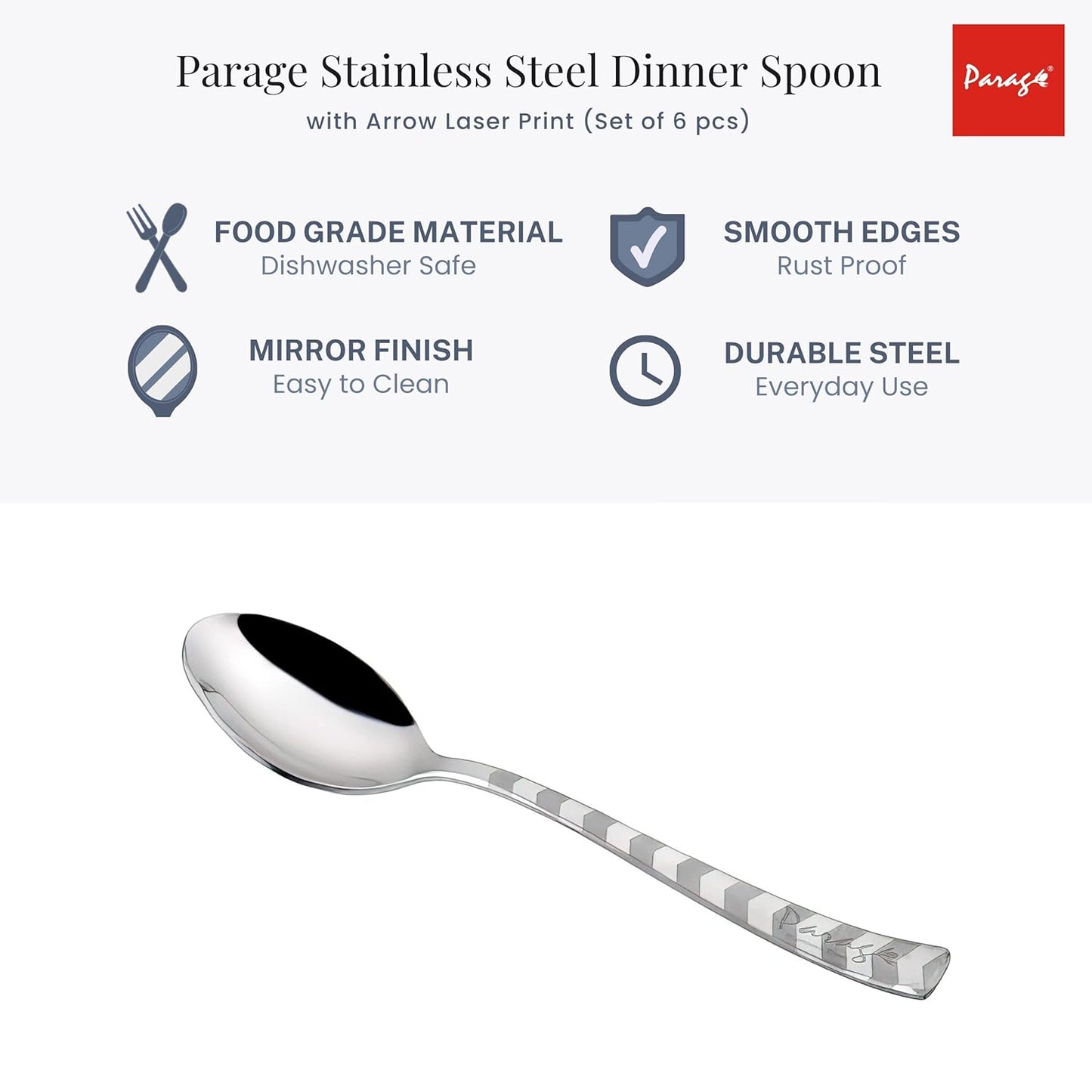 Stainless Steel Spoon Set of 6 | Arrow Design Dinner Spoons for Home & Kitchen | 16 cm, Silver