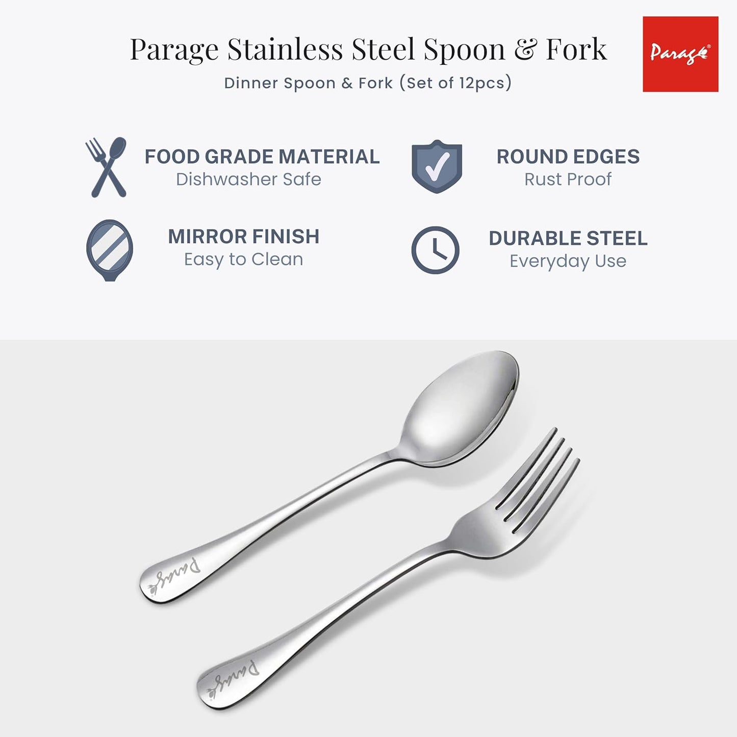 12-Piece Stainless Steel Spoon & Fork Set | Tableware with Round Edge, Silver