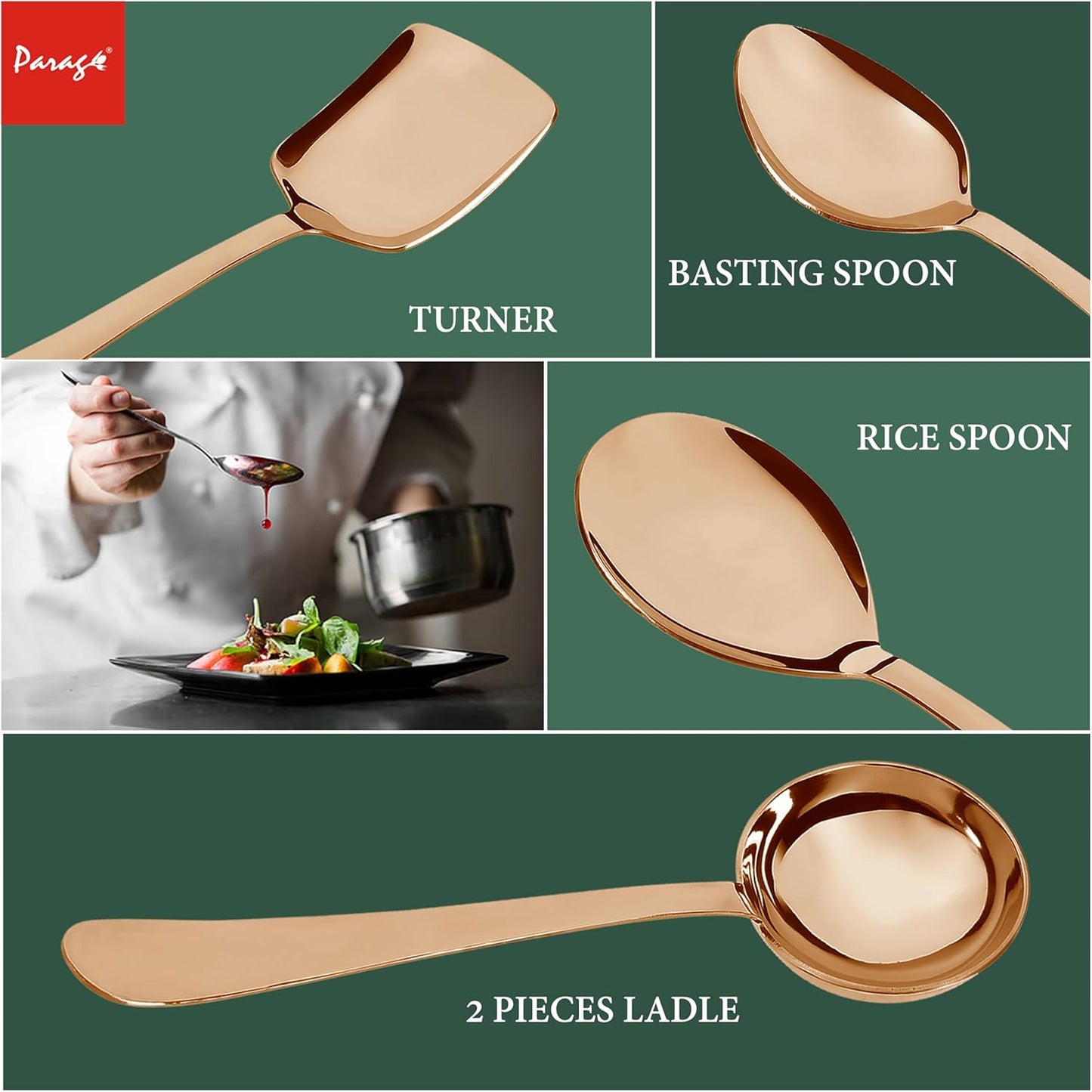 5 Pcs Stainless Steel Serving Spoon Set for Kitchen & Dining – 1.8mm Heavy Gauge, Soup Ladle, Solid & Rice Spoons, Steel Rose (Pack of 5)