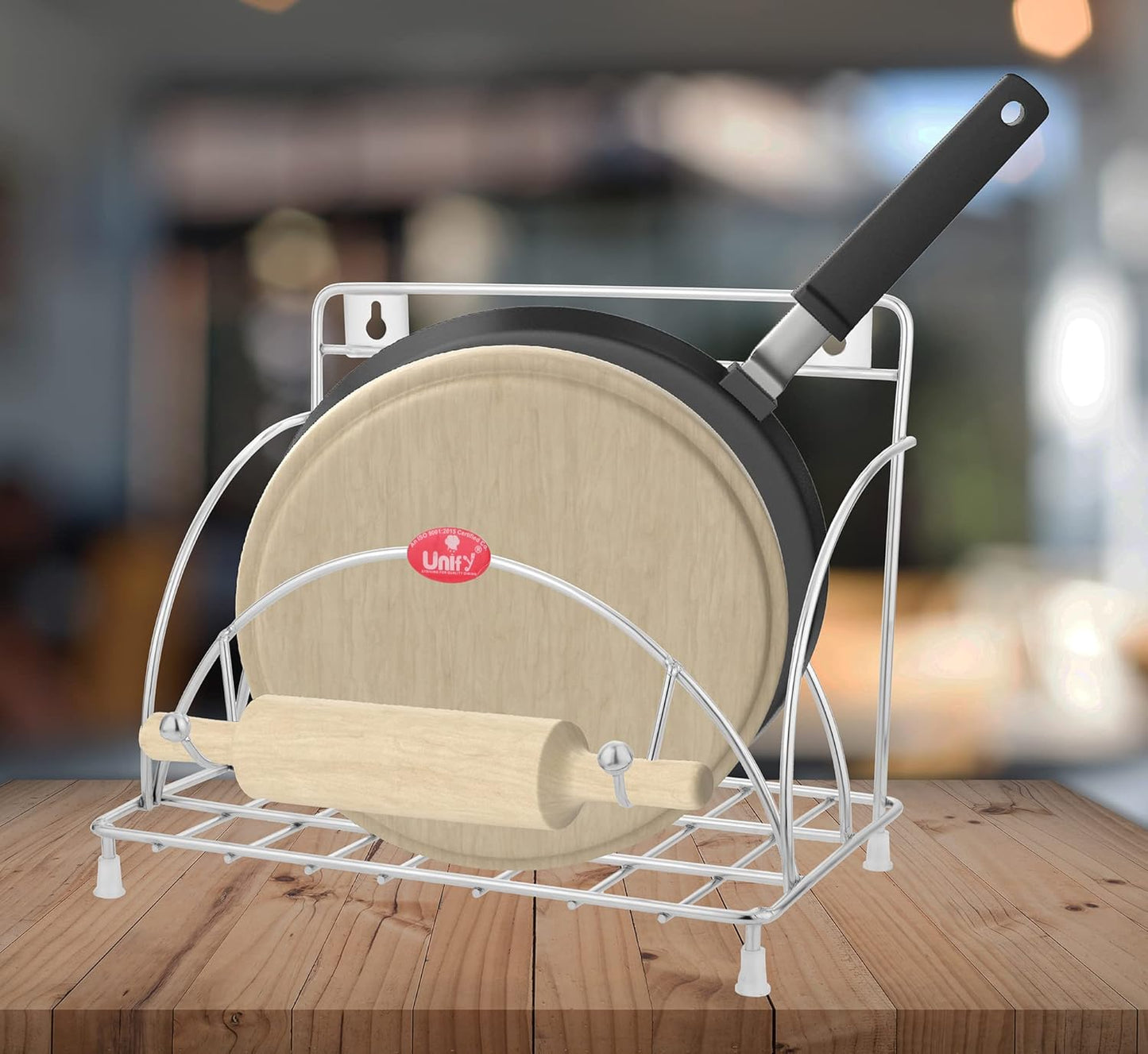 Stainless Steel Round Chakla Belan Tawa Stand for Kitchen | Rolling Pin & Board Holder, Corner Shelf Organizer, Silver