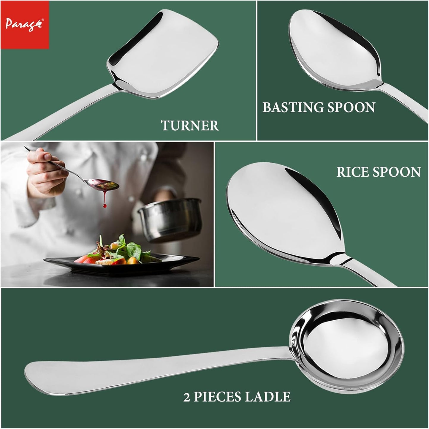 5 Pcs Stainless Steel Serving Spoon Set for Kitchen & Dining – Heavy Gauge 1.8mm, Soup Ladle, Solid, Rice & Basting Spoons, Silver
