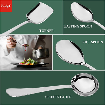 5 Pcs Stainless Steel Serving Spoon Set for Kitchen & Dining – Heavy Gauge 1.8mm, Soup Ladle, Solid, Rice & Basting Spoons, Silver