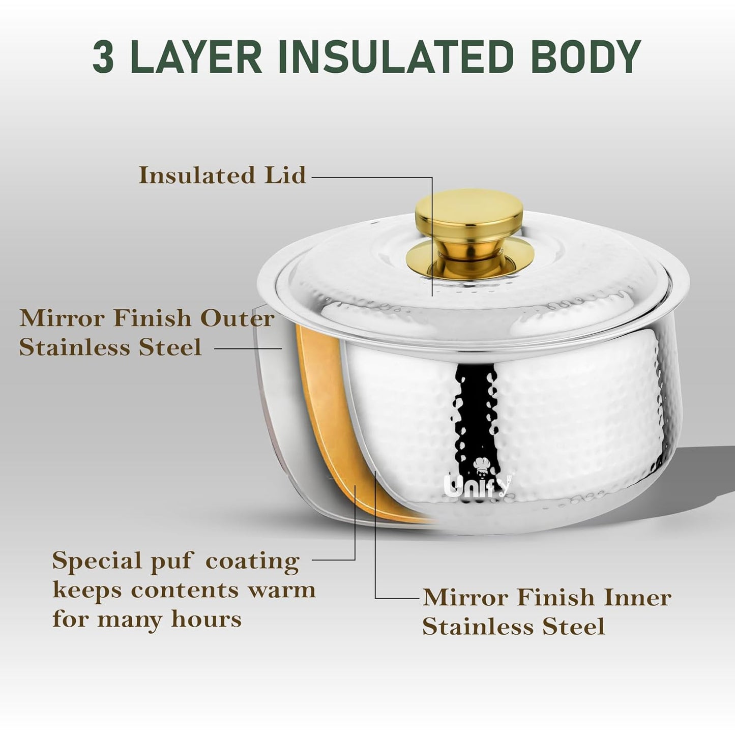 Inox Stainless Steel Insulated Casserole 1600ml | PVD Gold Handle Hot Pot | Hammered Finish, Silver