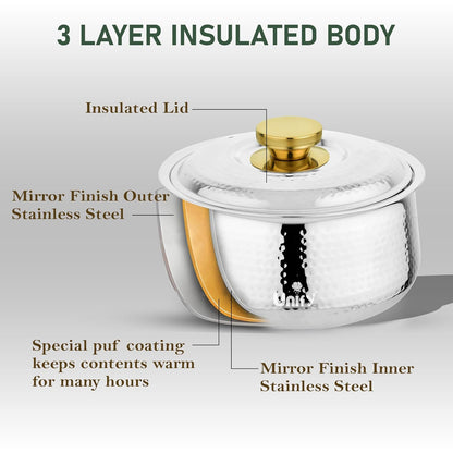 Inox Stainless Steel Insulated Casserole 1600ml | PVD Gold Handle Hot Pot | Hammered Finish, Silver