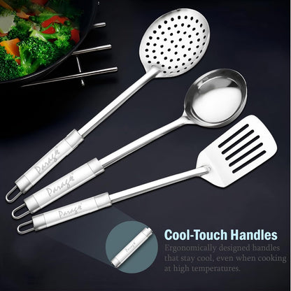 3 Pieces Stainless Steel Kitchen Tool Set for Cooking & Serving – Turner, Skimmer & Ladle with Dual Tone Handle (Silver)