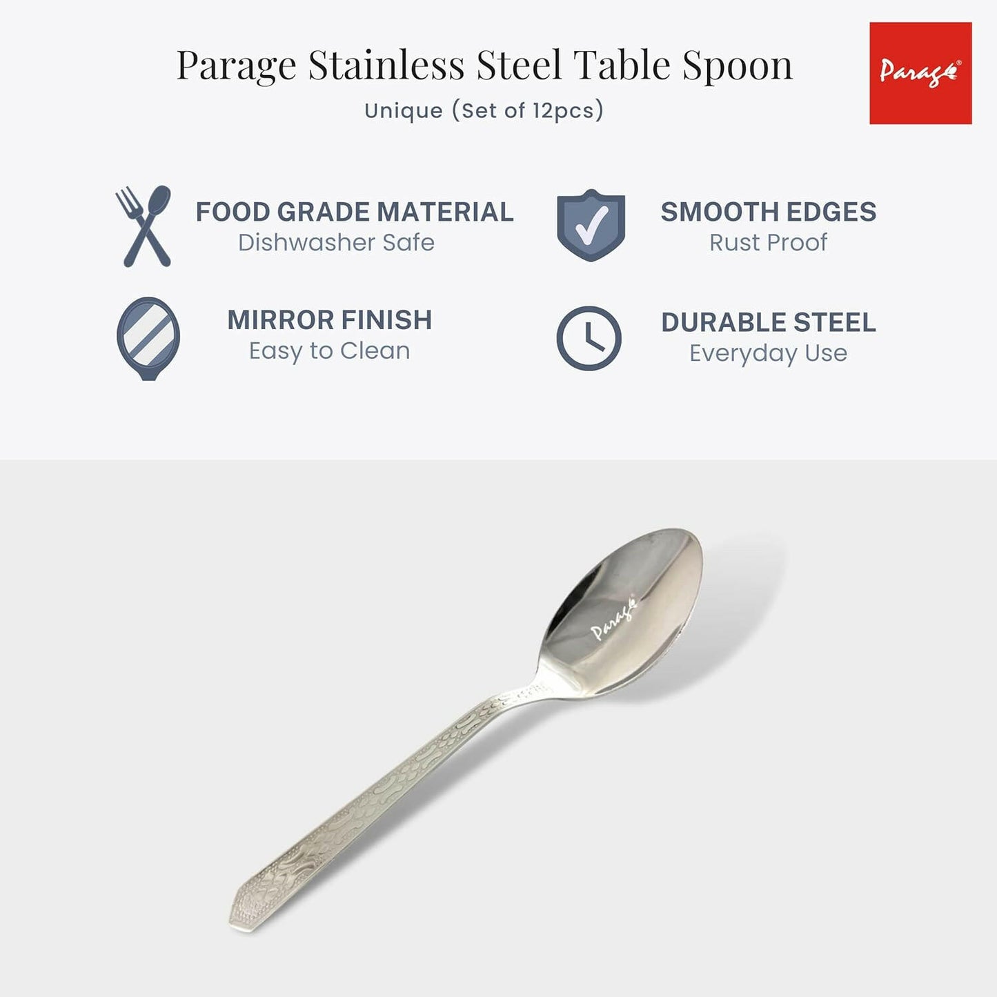 12 Pieces Stainless Steel Dinner Spoon | 15.5cm Long Cutlery, Silver