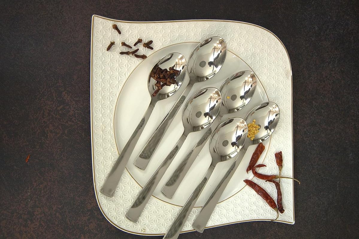 6 Pcs Stainless Steel Dinner Spoon Set – 16cm, Food Grade, Mirror Polished Silverware for Home & Kitchen, 6 Silver Spoons