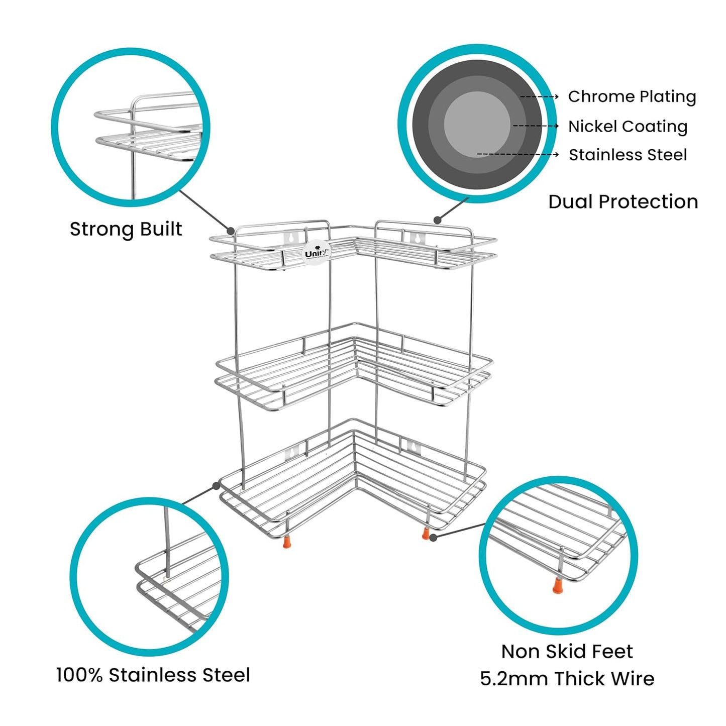 3-Tier Stainless Steel L-Corner Shelf Rack – Multipurpose Organizer for Kitchen & Bathroom, 31×31×46 cm, Chrome Finish, Silver