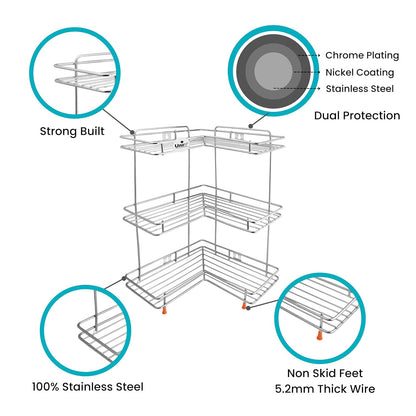 3-Tier Stainless Steel L-Corner Shelf Rack – Multipurpose Organizer for Kitchen & Bathroom, 31×31×46 cm, Chrome Finish, Silver