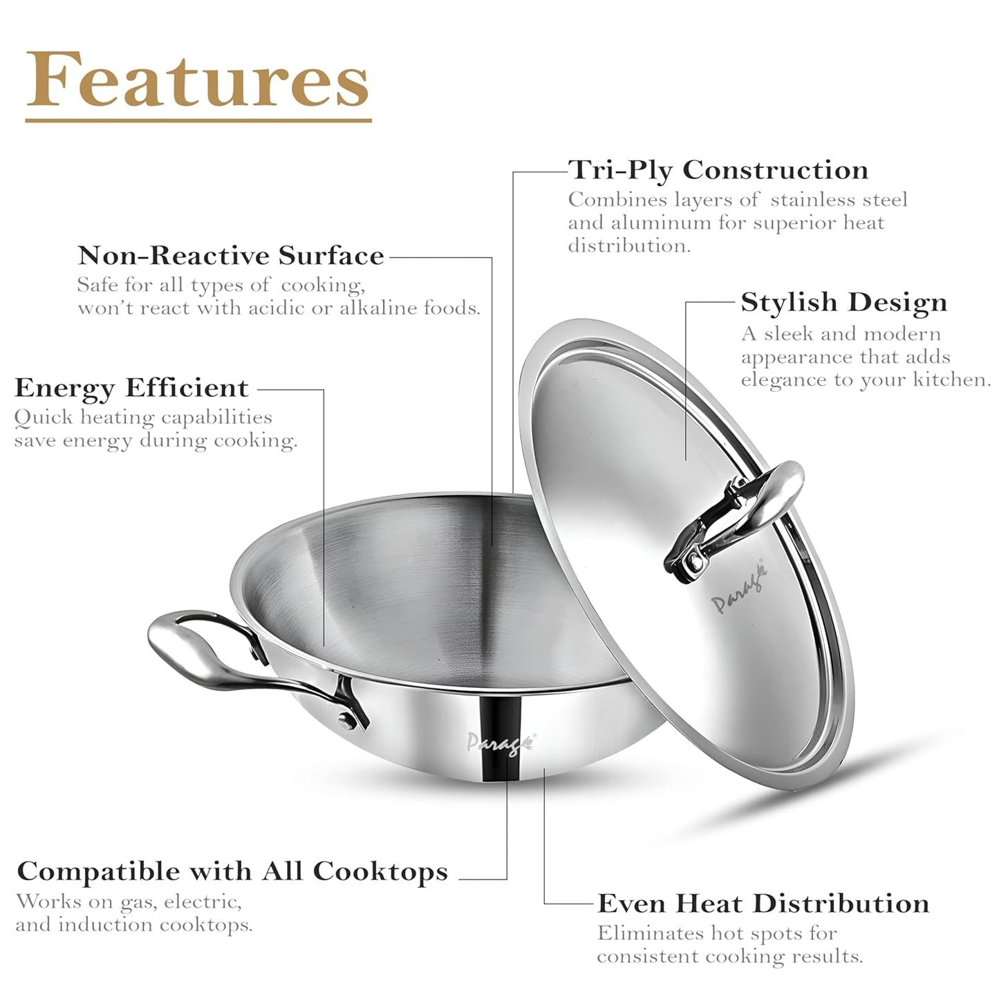 Tripure Triply Stainless Steel Kadai with Lid 26 cm, 3.2 Litre | Heavy Bottom Kadhai for Deep Frying & Cooking | Induction & Gas Stove Compatible (5 Years Warranty)