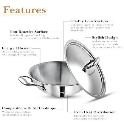 Tripure Triply Stainless Steel Kadai with Lid 26 cm, 3.2 Litre | Heavy Bottom Kadhai for Deep Frying & Cooking | Induction & Gas Stove Compatible (5 Years Warranty)