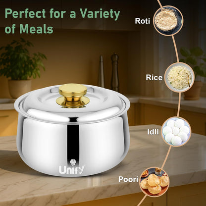 Metra Stainless Steel Insulated Casserole 1600ml | PVD Gold Handle Hot Pot | Keeps Food Fresh & Warm