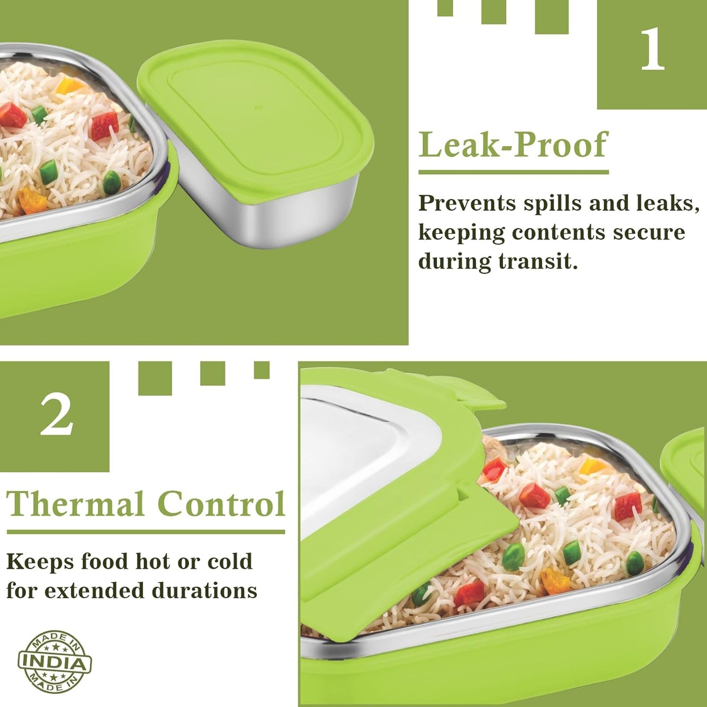 Stainless Steel Insulated Airtight Lunch Box with Unbreakable Lid, Leak-Proof Tiffin for Kids & Office (800 ml, Green)