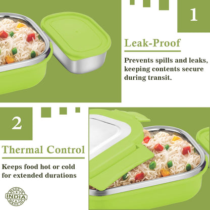 Stainless Steel Insulated Airtight Lunch Box with Unbreakable Lid, Leak-Proof Tiffin for Kids & Office (800 ml, Green)