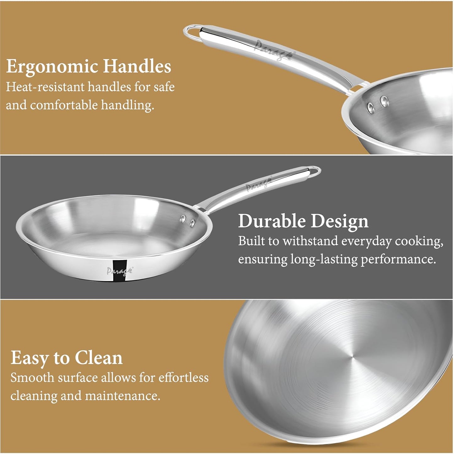 Tripure Triply Stainless Steel Fry Pan 24 cm | Heavy Bottom Pan for Frying & Tempering | Induction & Gas Compatible | Stay-Cool Handle | Scratch Resistant | 5 Years Warranty