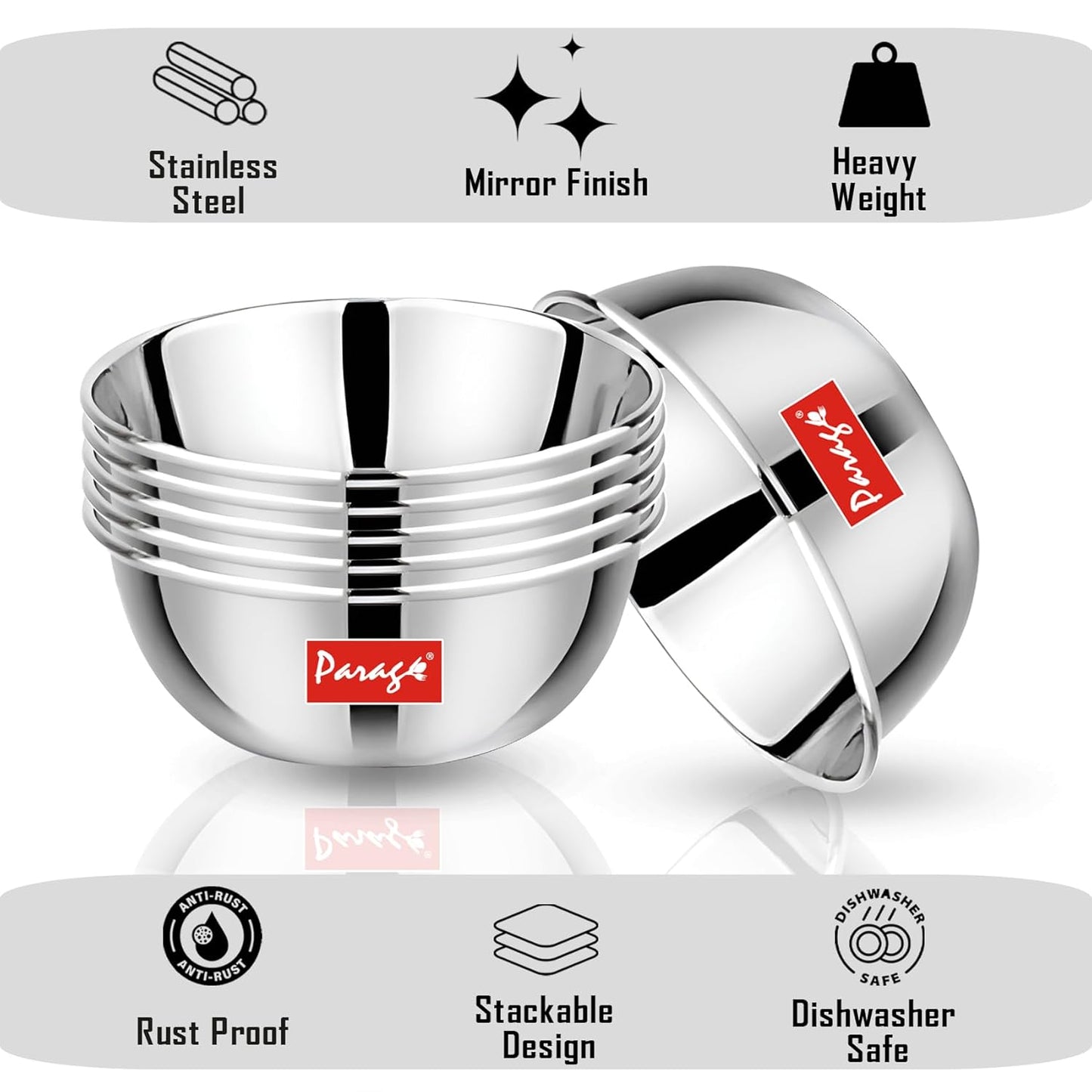 12 Pieces Stainless Steel Big Size Bowls/Katori/Wati – Heavy Gauge, Mirror Finish, 10.2 cm Dia, 220 ml Each, Set of 12, Silver
