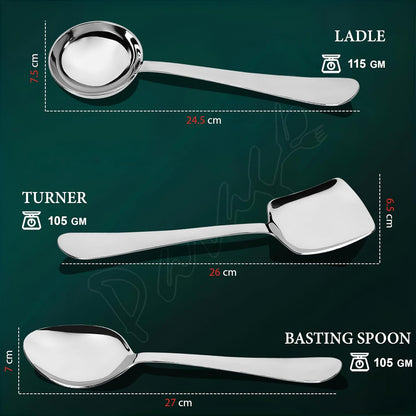 3 Pcs Stainless Steel Serving Spoon Set for Kitchen & Dining – 1.8mm Heavy Gauge, Soup Ladle, Solid & Rice Spoons, Silver (Pack of 3)
