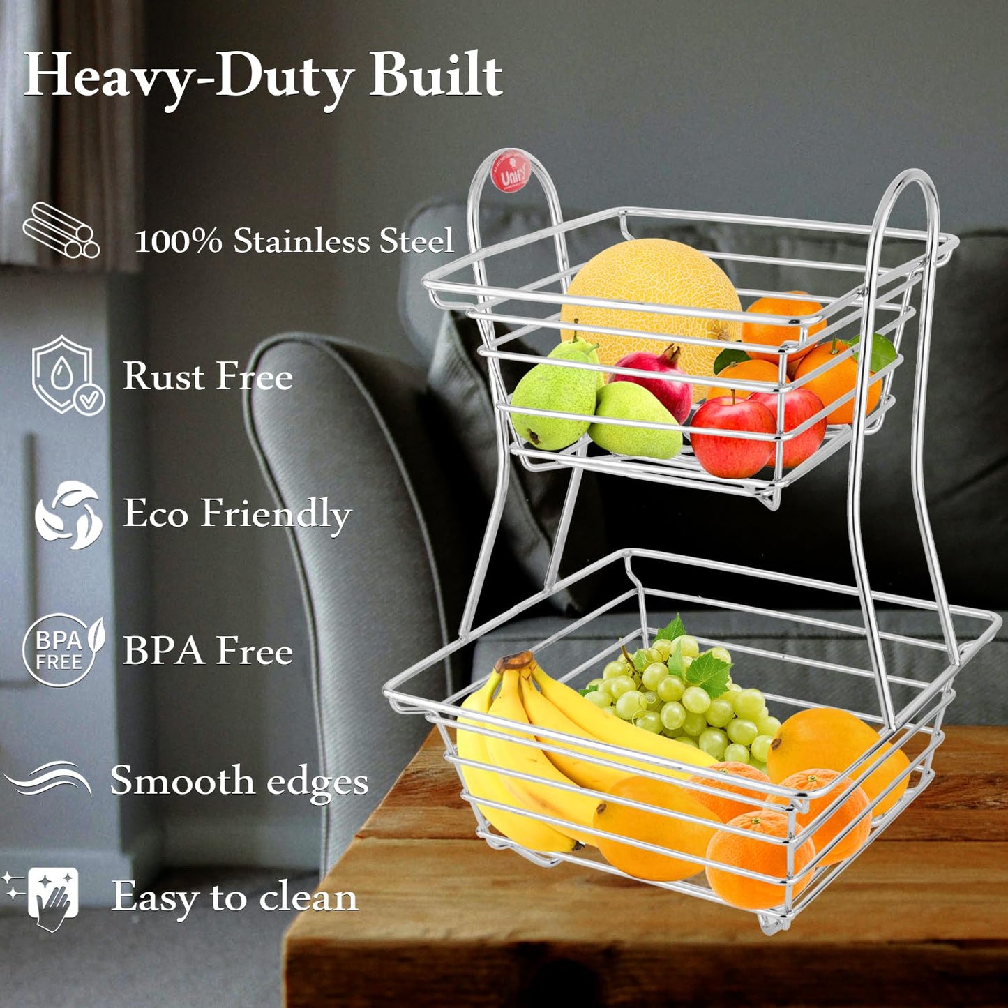 2-Tier Stainless Steel Fruit Basket – Square, Kitchen & Dining Table Stand