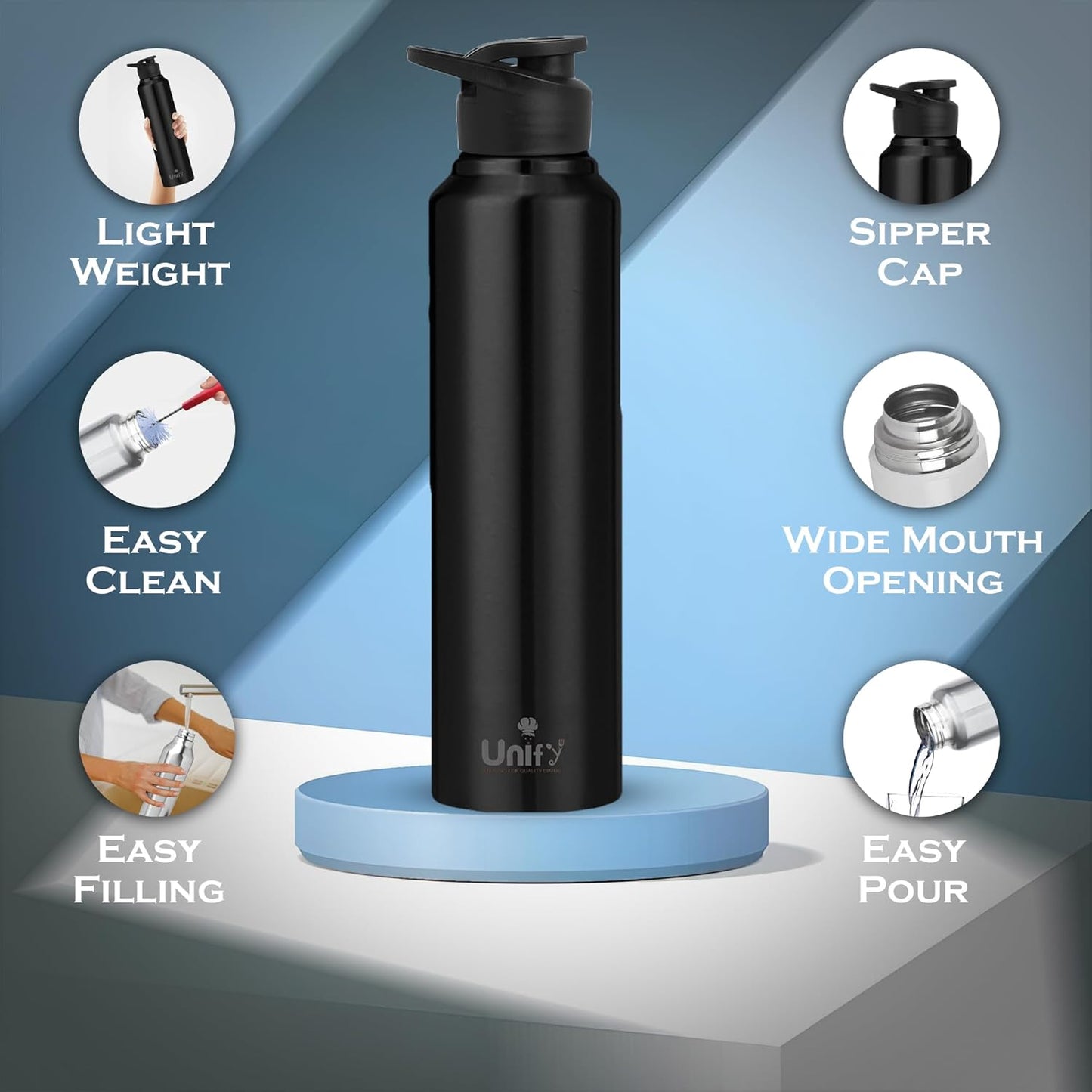 Stainless Steel Sipper Bottle | 1L Leak-Proof | Saturn Black