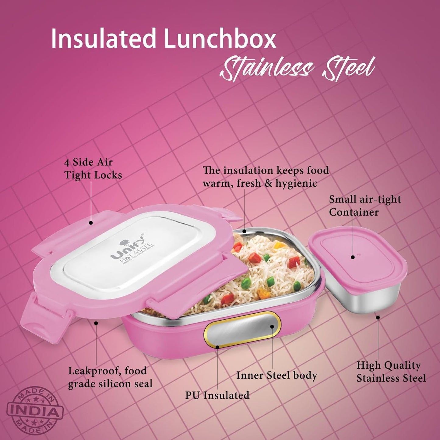Stainless Steel Insulated Airtight Lunch Box with Unbreakable Lid, Leak-Proof Tiffin for Kids & Office (800 ml, Pink)